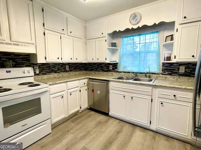 kitchen with white cabinetry, electric range, sink, stainless steel dishwasher, and extractor fan