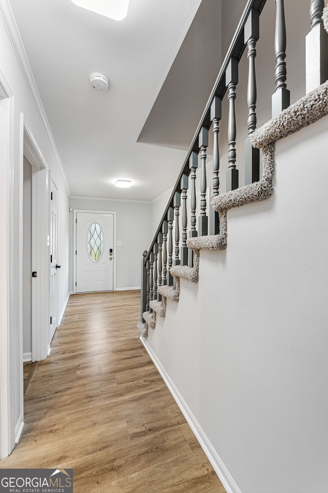 foyer featuring hardwood / wood-style floors and crown molding