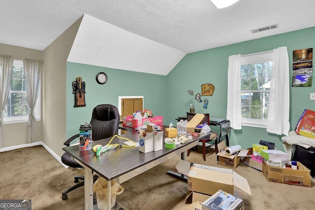 office space featuring a textured ceiling, carpet floors, and lofted ceiling