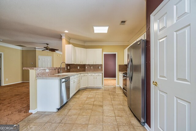 kitchen featuring light tile patterned flooring, backsplash, stainless steel fridge with ice dispenser, white cabinetry, and kitchen peninsula