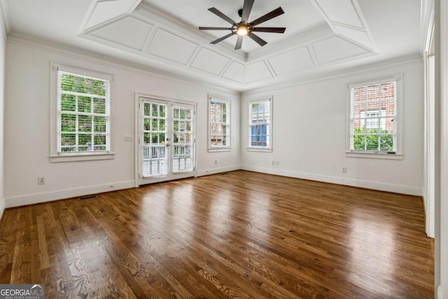 spare room featuring ceiling fan, dark hardwood / wood-style floors, a raised ceiling, and ornamental molding