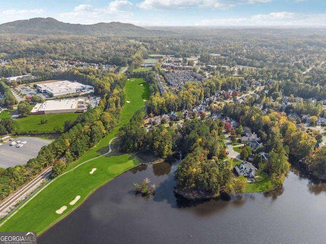 drone / aerial view featuring a water and mountain view