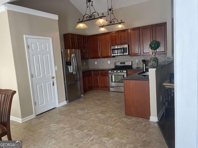 kitchen featuring decorative backsplash, pendant lighting, high vaulted ceiling, and stainless steel appliances