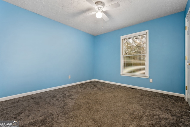 unfurnished room with carpet, a textured ceiling, and ceiling fan