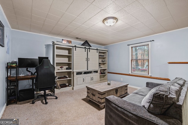 carpeted home office with ornamental molding