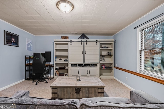 carpeted living room with ornamental molding