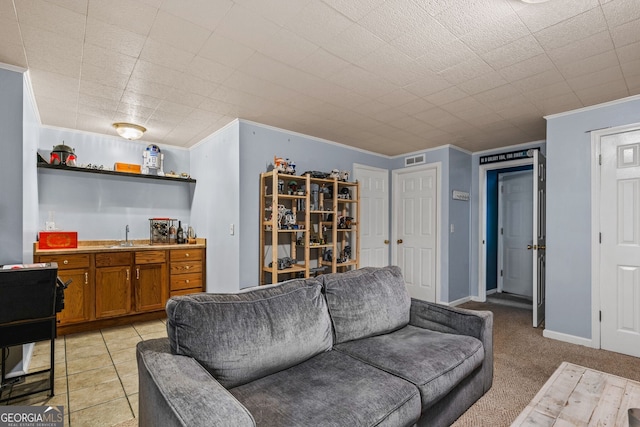 living room with sink and ornamental molding