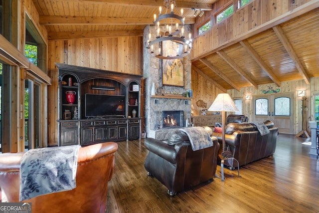 living room with beam ceiling, high vaulted ceiling, wooden ceiling, and an inviting chandelier