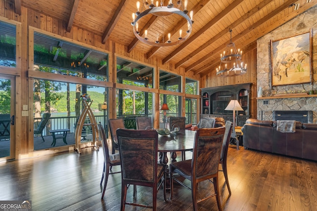 dining area with dark hardwood / wood-style flooring, a fireplace, beamed ceiling, and wood ceiling