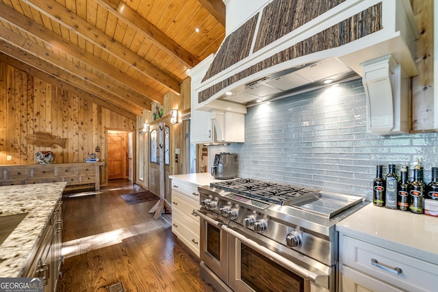 kitchen with double oven range, wooden ceiling, dark hardwood / wood-style floors, beam ceiling, and white cabinetry