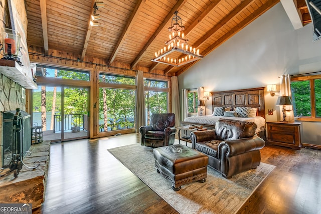 bedroom with beamed ceiling, wooden ceiling, high vaulted ceiling, and an inviting chandelier