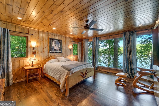 bedroom featuring ceiling fan, dark wood-type flooring, and wooden ceiling