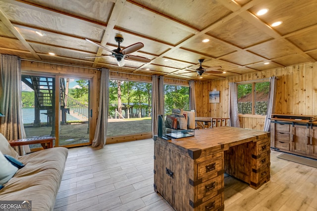 office featuring coffered ceiling, wood ceiling, ceiling fan, light hardwood / wood-style flooring, and wood walls