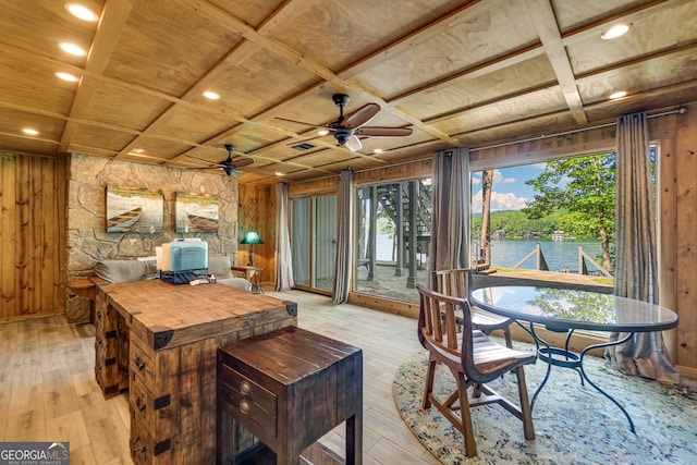 sunroom / solarium featuring wooden ceiling, a water view, ceiling fan, and coffered ceiling