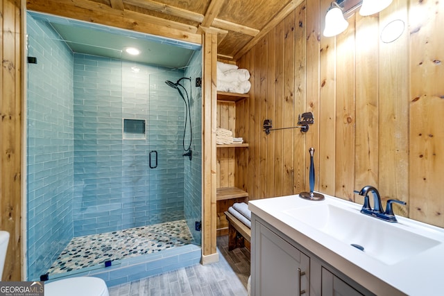 bathroom featuring vanity, wood walls, toilet, and walk in shower