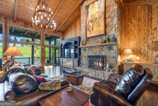 living room with wood walls, high vaulted ceiling, an inviting chandelier, beam ceiling, and wood-type flooring