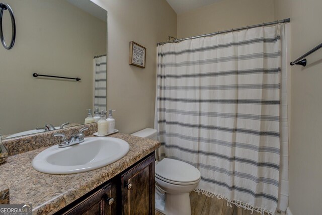 bathroom with vanity, wood-type flooring, and toilet