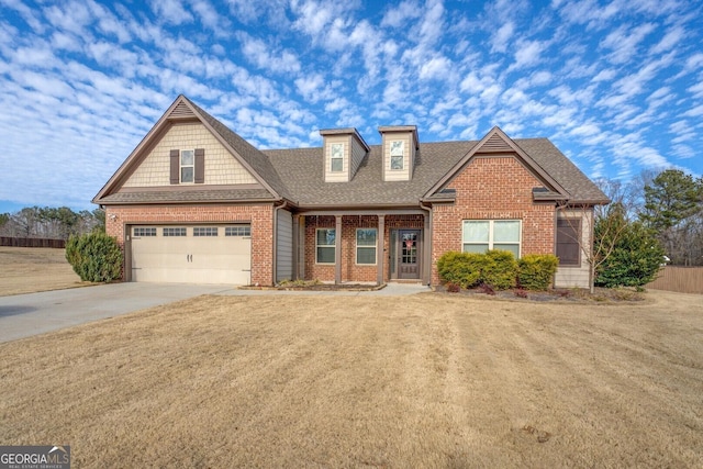 view of front of home with a garage, brick siding, a shingled roof, fence, and driveway