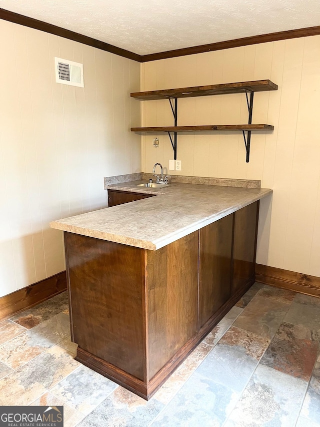 bar featuring sink, a textured ceiling, ornamental molding, and wood walls