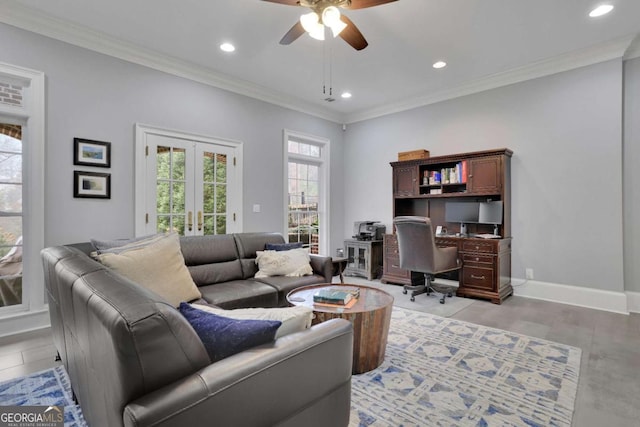 living room with ceiling fan, crown molding, and french doors