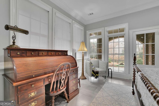 home office featuring light tile patterned floors and ornamental molding