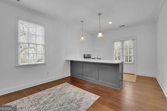 kitchen with kitchen peninsula, pendant lighting, dark hardwood / wood-style flooring, and a wealth of natural light