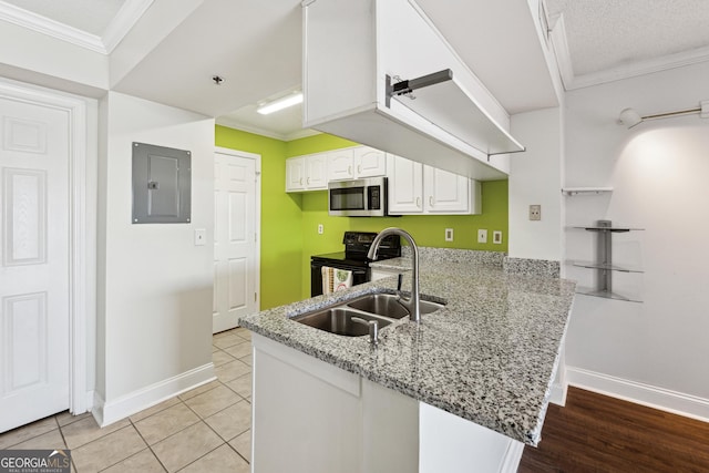 kitchen with kitchen peninsula, electric panel, appliances with stainless steel finishes, white cabinets, and ornamental molding