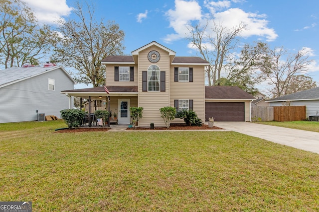 view of front of property with a porch, a garage, a front yard, and cooling unit