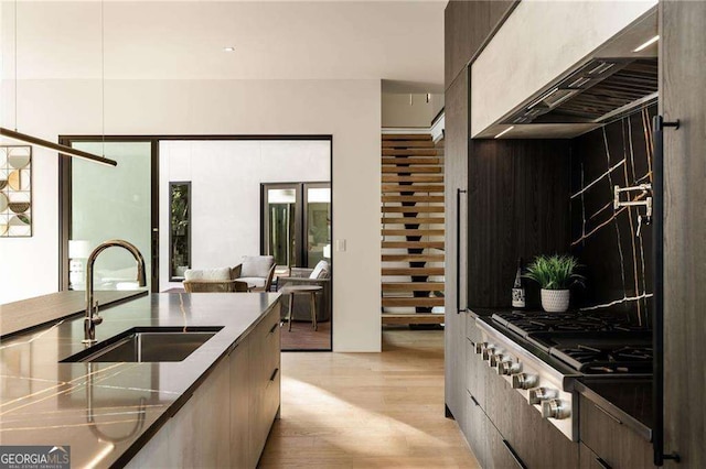 kitchen with ventilation hood, sink, light hardwood / wood-style floors, and stainless steel gas stovetop