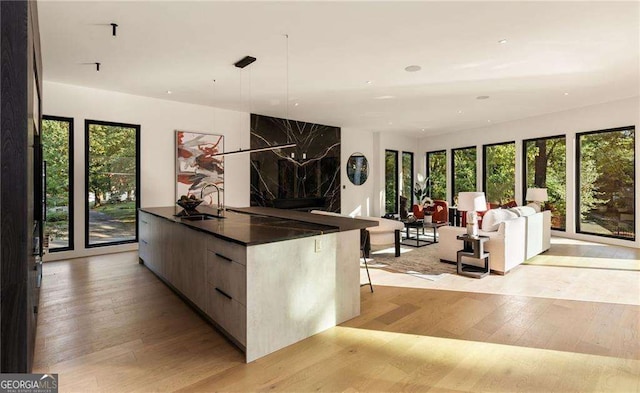 kitchen featuring a kitchen bar, pendant lighting, light hardwood / wood-style floors, and sink