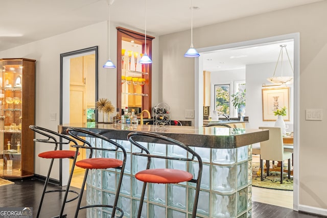 bar featuring decorative light fixtures and dark hardwood / wood-style flooring