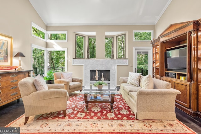 living room featuring dark hardwood / wood-style flooring, high vaulted ceiling, and a tiled fireplace