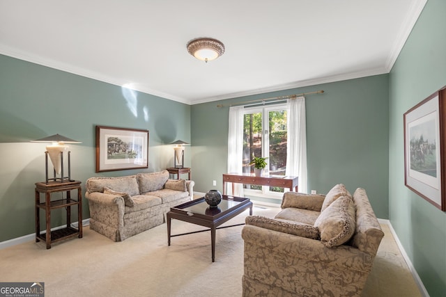 living room with crown molding and light carpet