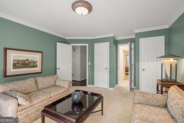 living room with carpet floors and ornamental molding