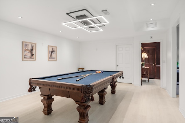 recreation room with light wood-type flooring and billiards