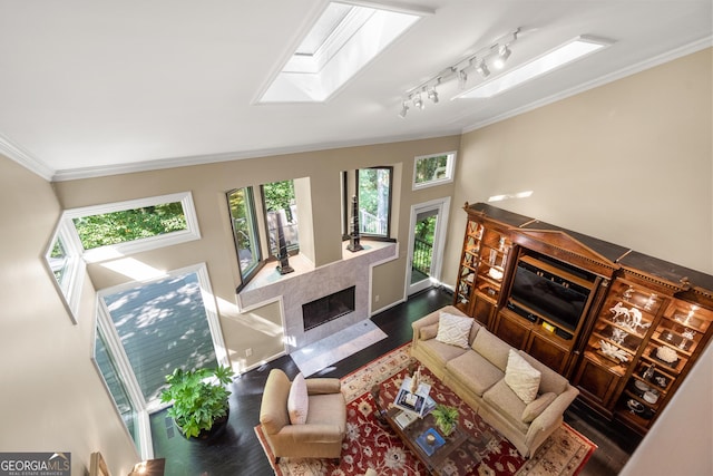 living room featuring a premium fireplace, ornamental molding, dark wood-type flooring, and a skylight