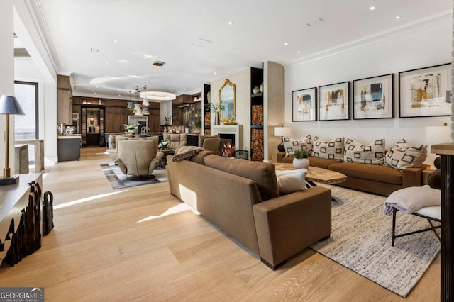 living room with crown molding and light wood-type flooring