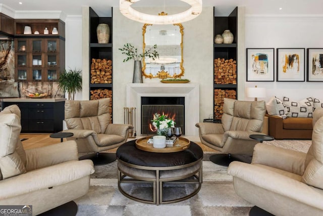 living room with ornamental molding