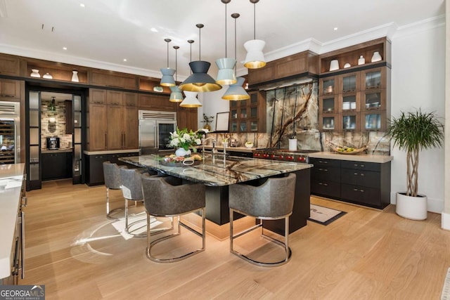 interior space with light wood-type flooring, crown molding, and sink