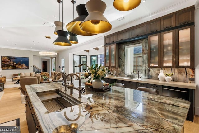 kitchen featuring light stone countertops, sink, dark brown cabinetry, and crown molding