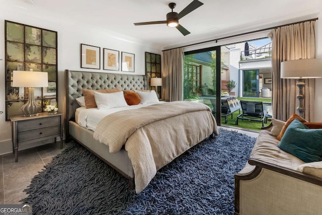 tiled bedroom with access to exterior, ceiling fan, crown molding, and floor to ceiling windows