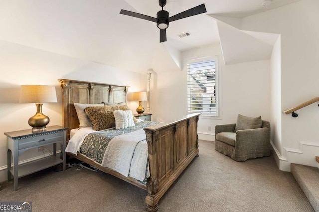 bedroom with ceiling fan and light colored carpet