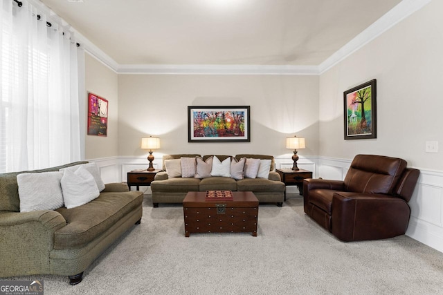 living room with crown molding and light carpet