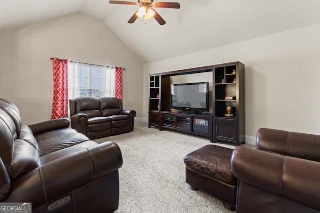 living room with light carpet, ceiling fan, and vaulted ceiling