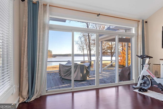 entryway with dark hardwood / wood-style flooring and a water view