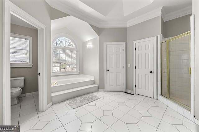 bathroom with toilet, tile patterned floors, independent shower and bath, and ornamental molding