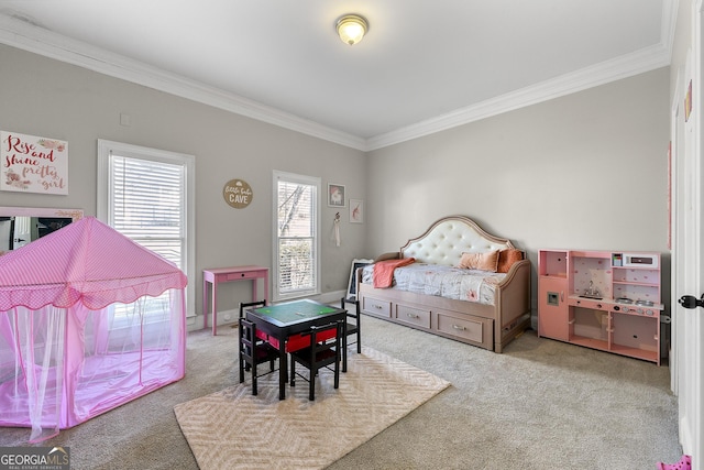 bedroom with light carpet and ornamental molding