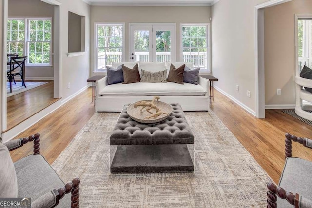 living room with a wealth of natural light and ornamental molding