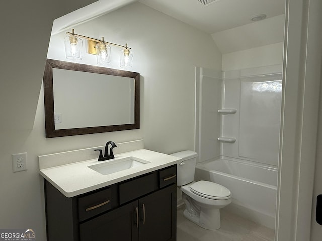 bathroom with toilet, vanity,  shower combination, and lofted ceiling