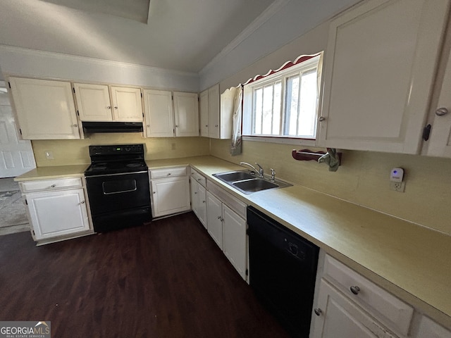 kitchen with black appliances, light countertops, and white cabinets